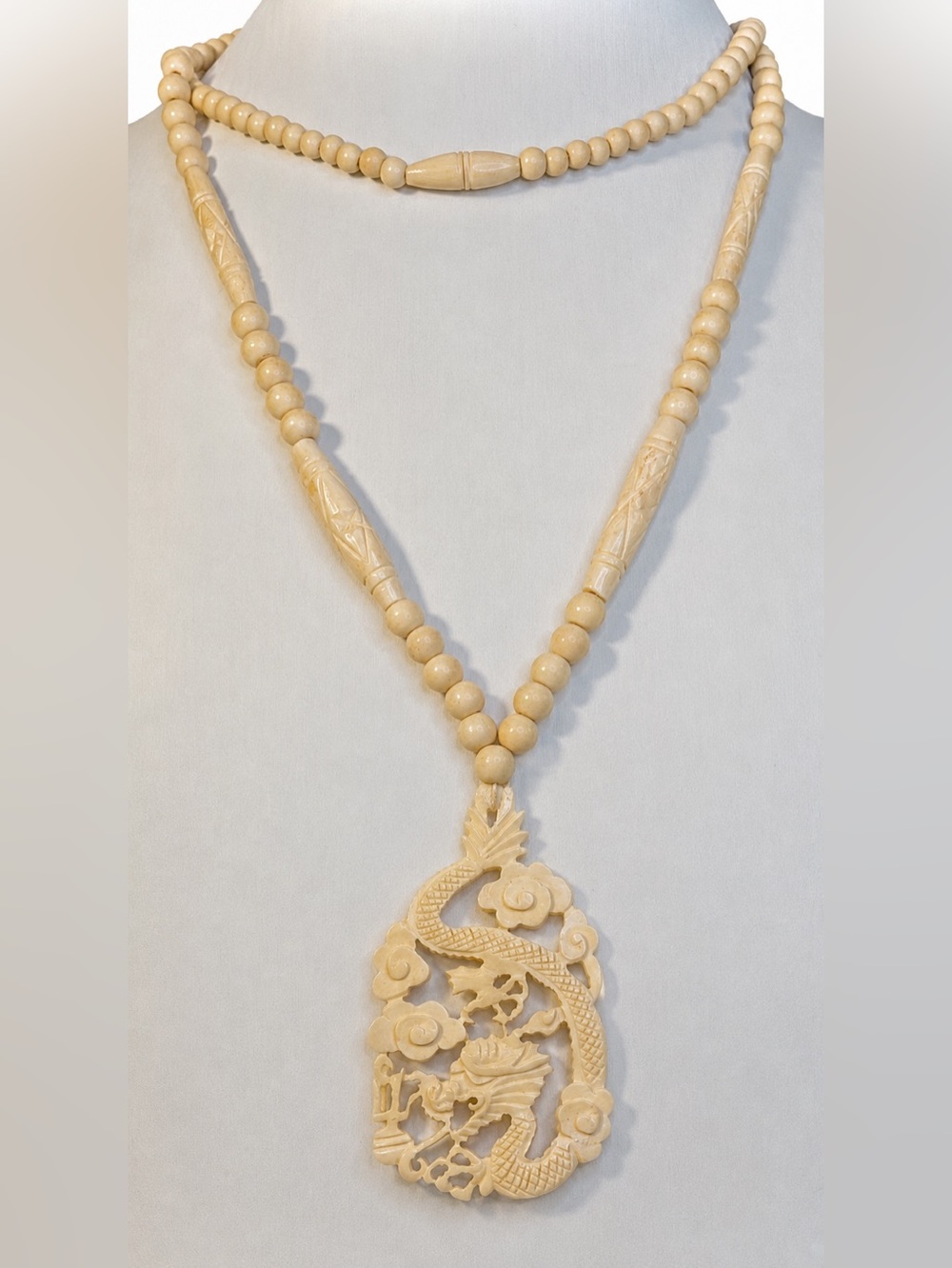 Vintage Chinese Carved Bovine Bone Dragon Phoenix Necklace 28” - Picture 2 of 5